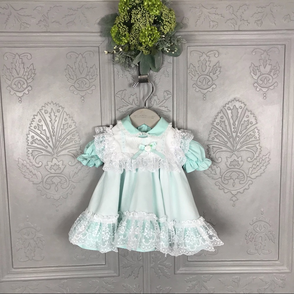 Vintage Infant Mini World Frilly Mint Dress with White Lacey Pinafore